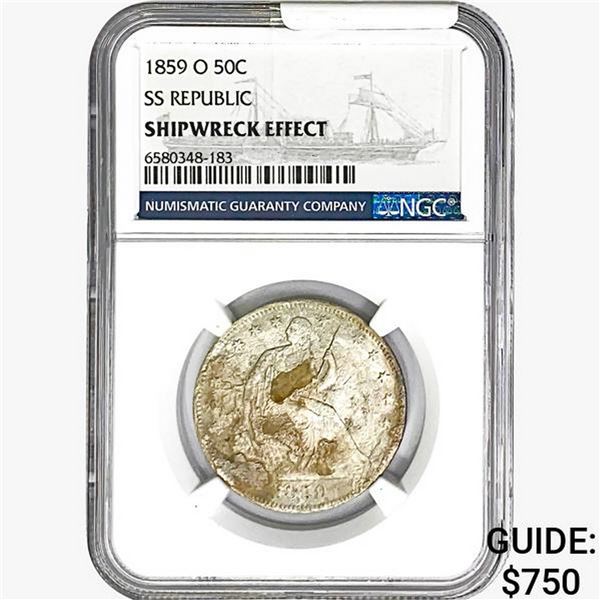 1859-O Seated Lib. 50C NGC Shipwreck Effect SS REP