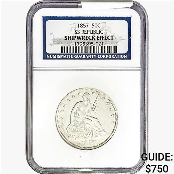 1857 Seated Lib. 50C NGC Shipwreck Effect SS REP.