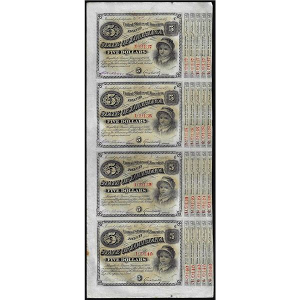 Uncut Sheet of (4) State of Louisiana Baby Bond Obsolete Notes