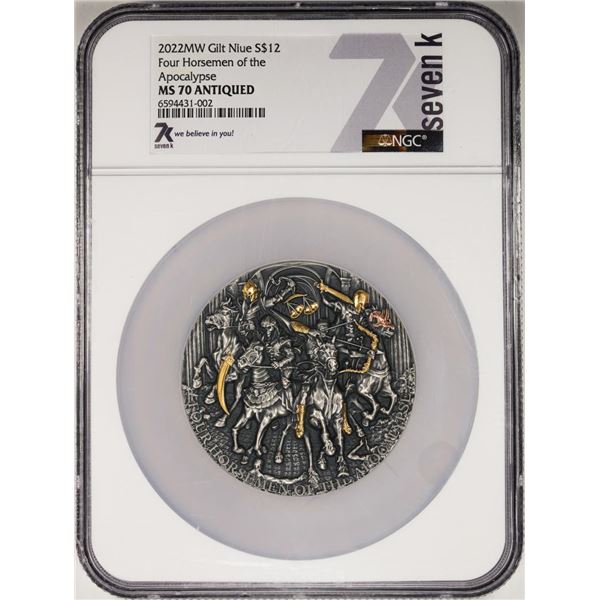 2022MW Niue $12 Four Horsemen of the Apocalypse 5oz Silver Gilt Coin NGC MS70 Antiqued