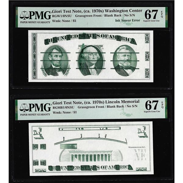 Set of Giori Test Note Washington & Lincoln Memorial PMG Superb Gem Unc 67EPQ