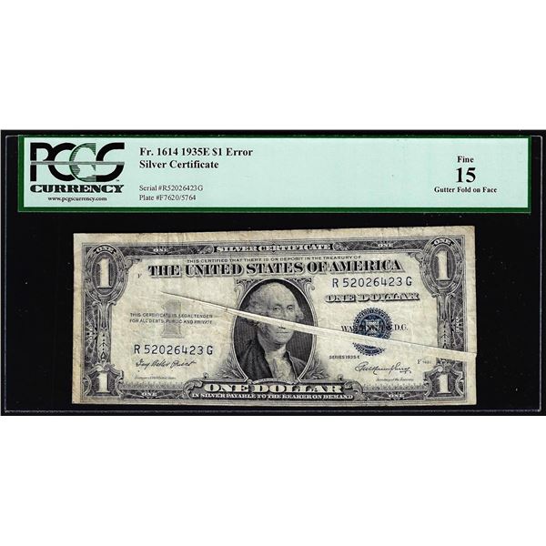 1935E $1 Silver Certificate Note Gutter Fold Error Fr.1614 PCGS Fine 15