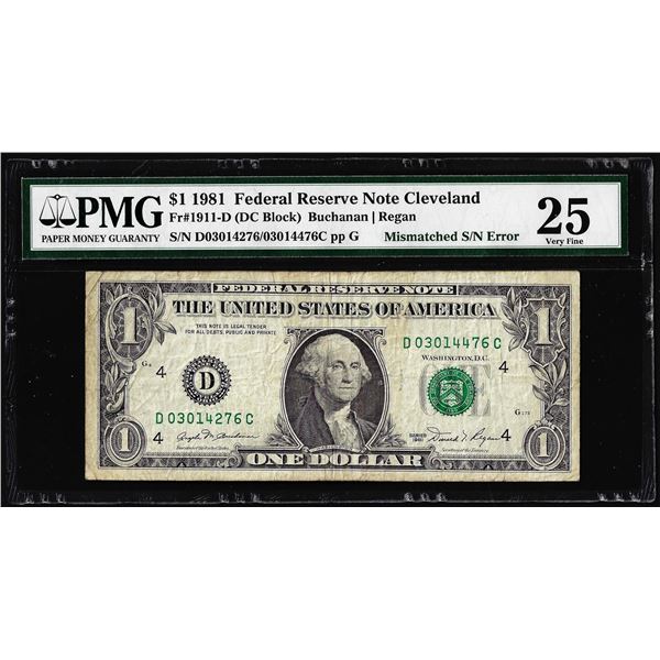 1981 $1 Federal Reserve Note Mismatched Serial Number Error Fr.1911-D PMG Very Fine 25