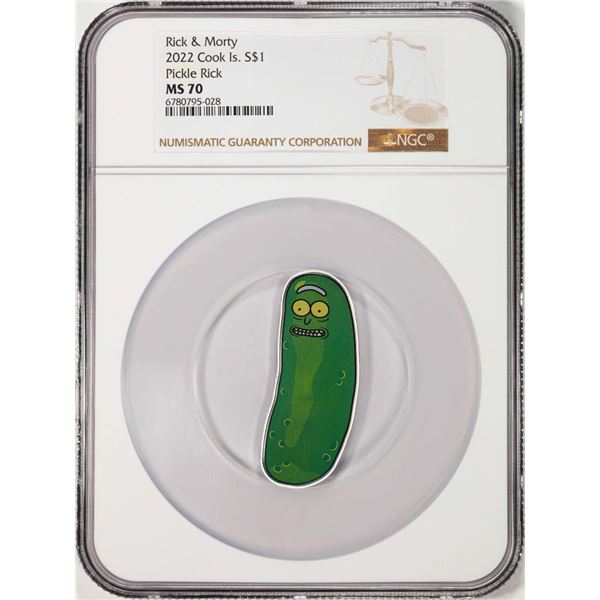 2022 Cooks Island $1 Rick & Morty Pickle Rick Silver Bar NGC MS70