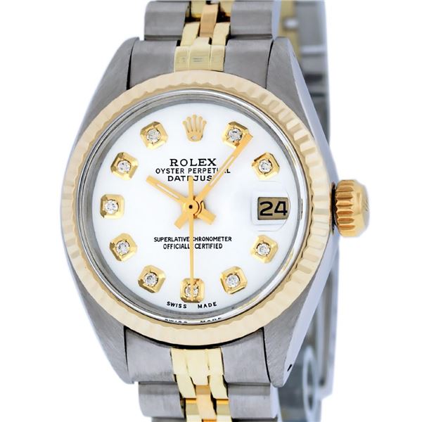 Rolex Ladies Two Tone White Diamond Quickset Datejust Wristwatch