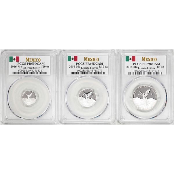 Lot of 2016-Mo Mexico Proof 1/20, 1/10 and 1/4 oz Silver Libertad Coins PCGS PR69DCAM