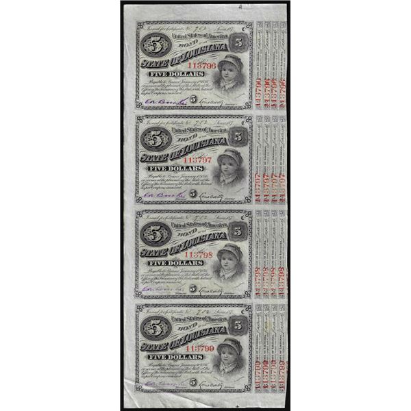 Uncut Sheet of (4) State of Louisiana Baby Bond Obsolete Notes