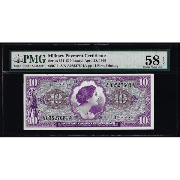 Series 651 $10 Military Payment Certificate Note PMG Choice About Unc 58EPQ