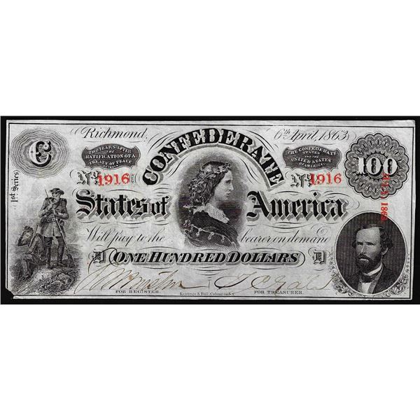 1863 $100 Confederate States of America Note Missing Corner