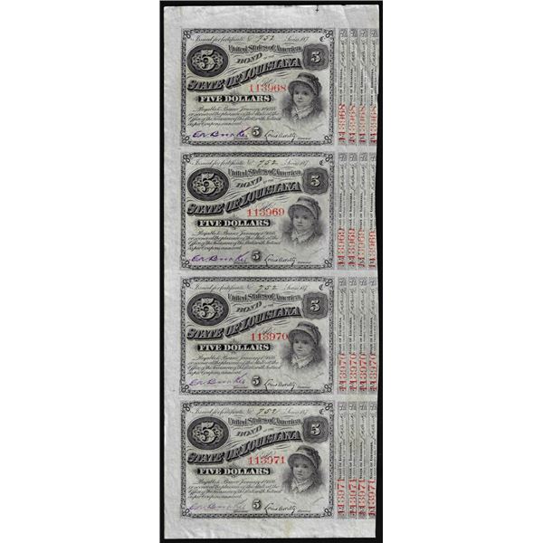 Uncut Sheet of (4) State of Louisiana Baby Bond Obsolete Notes