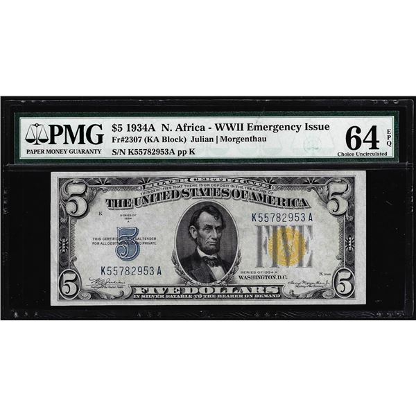 1934A $5 North Africa WWII Silver Certificate Note Fr.2307 PMG Choice Uncirculated 64EPQ