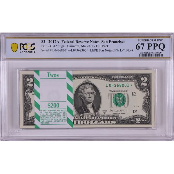 Pack of 2017A $2 Federal Reserve STAR Notes SF Fr.1941-L* PCGS Superb Gem UNC 67PPQ