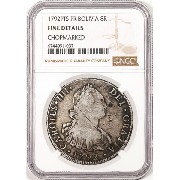 1792PTS PR Bolivia 8 Reales Silver Coin NGC Fine Details Chopmarked