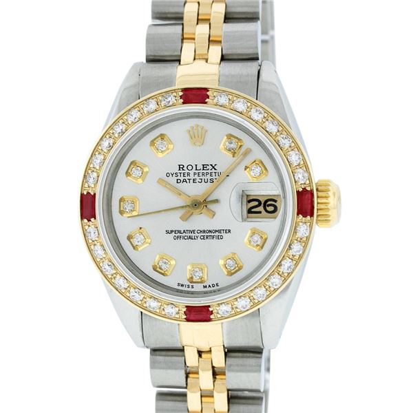 Rolex Ladies Two Tone Ruby and Diamond Quickset Datejust Wristwatch
