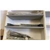 Image 8 : CONTENTS OF SHELVES. EXT POLE, SAW HORSE, RAMPS, SUCTION CUP, GARBAGE CAN/COMPOST PULL OUT, HINGES,