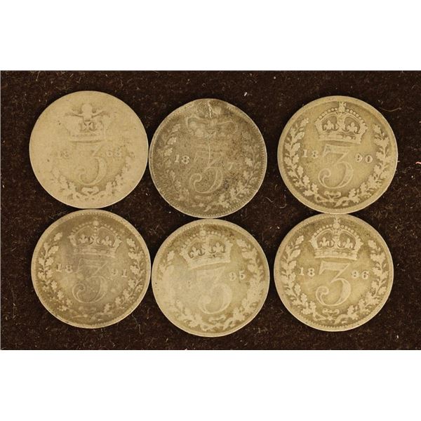 6 GREAT BRITAIN SILVER 3 PENCE COINS. .252 OZ. ASW