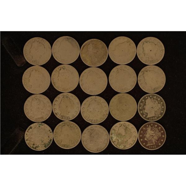 20 ASSORTED LIBERTY "V" NICKELS: 2 PARTIAL DATES &