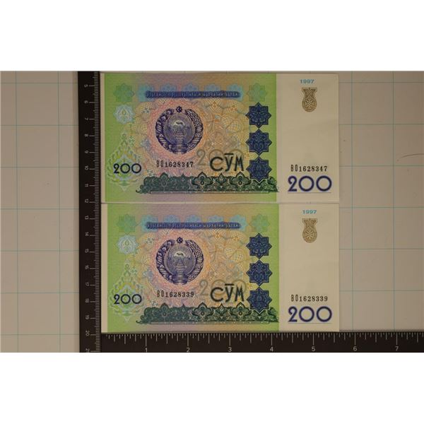 2-UZBEKISTAN 200 SOM CU COLORIZED BILLS. THE