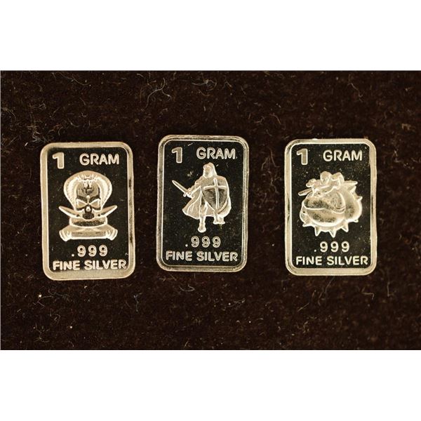 3-1 GRAM SILVER PF INGOTS: KNIGHT, BULLDOG & SKULL