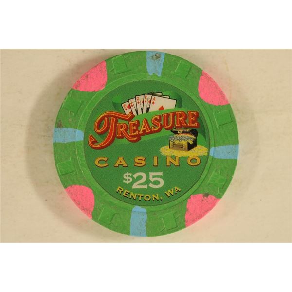 $25 TREASURE CASINO CHIP. RENTON, WASHINGTON
