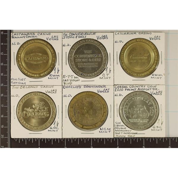 6-$1 METAL CASINO TOKENS: CASTAWAYS, E.T.T INK,