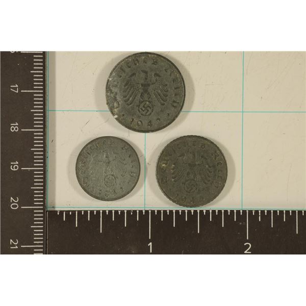3 GERMAN PFENNING COINS WITH SWASTIKAS: 1942-1