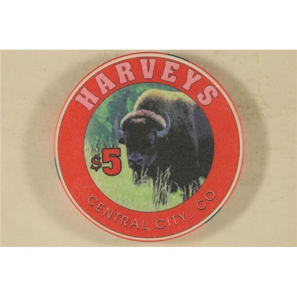 $5 HARVEYS CASINO CHIP. CENTRAL CITY, COLORADO