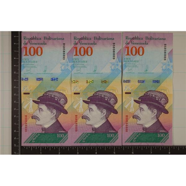 3-2018 VENEZUELA 100 BOLIVARES CRISP UNC BILLS.