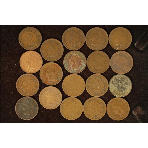 19 ASSORTED INDIAN HEAD CENTS: 1900-1907.