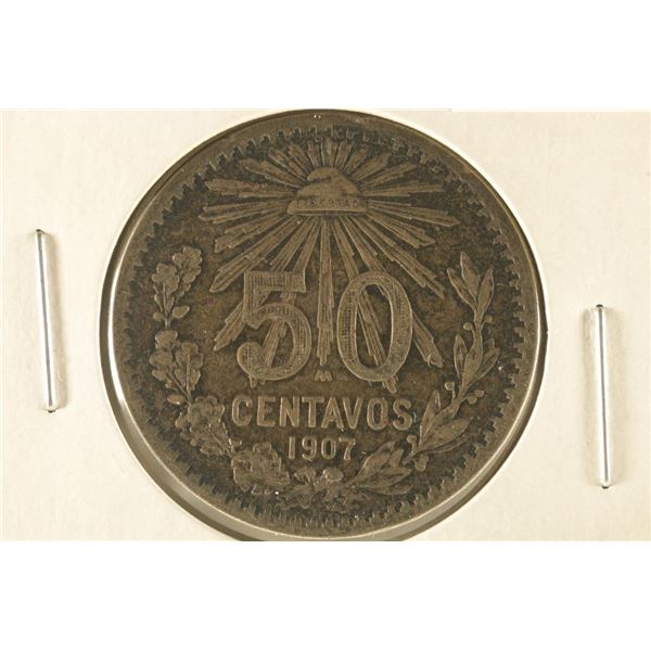 1907-M MEXICO SILVER "CAP & RAY" 50 CENTAVOS