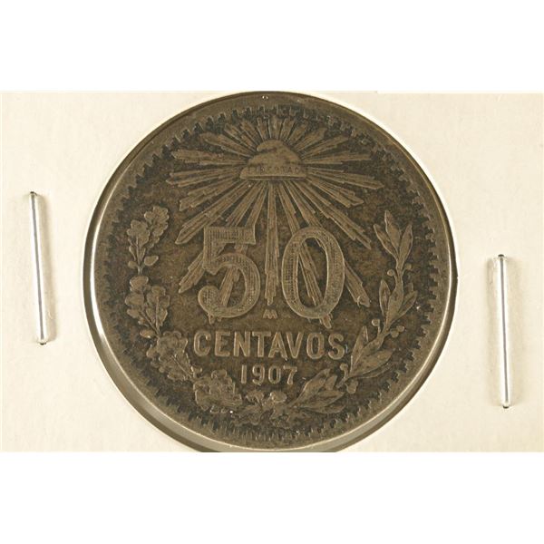 1907-M MEXICO SILVER  CAP & RAY  50 CENTAVOS