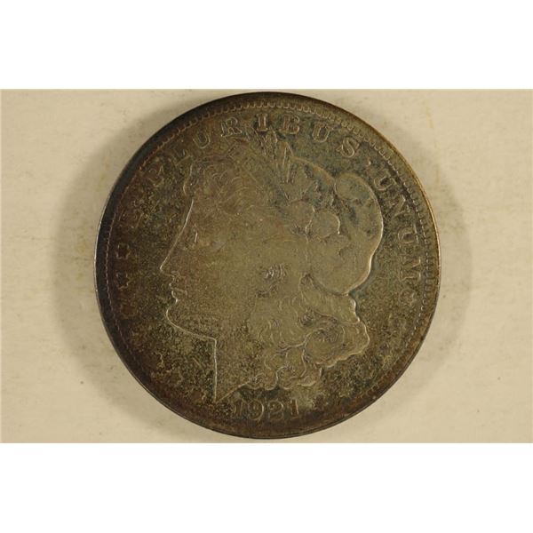 1921 MORGAN SILVER DOLLAR TONED, POLISHED