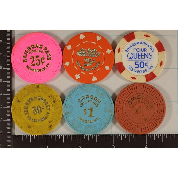 6 PLASTIC CASINO GAMING TOKENS: 2-25 CENT, 2-50