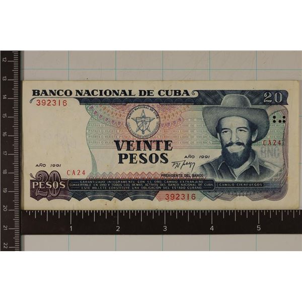 1991 CUBA 20 PESOS BILL WRITING ON REVERSE