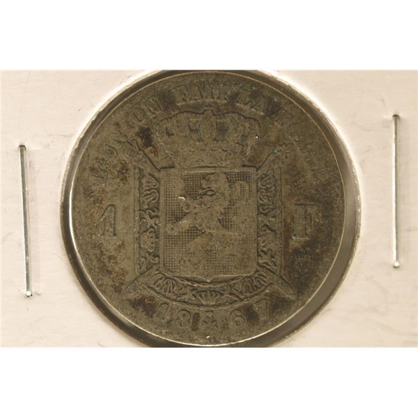 1867 BELGIUM SILVER 1 FRANK .1342 OZ. ASW