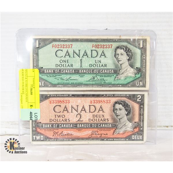 1954 $1 & $1 BILLS CANADA MODIFIED PORTRAIT