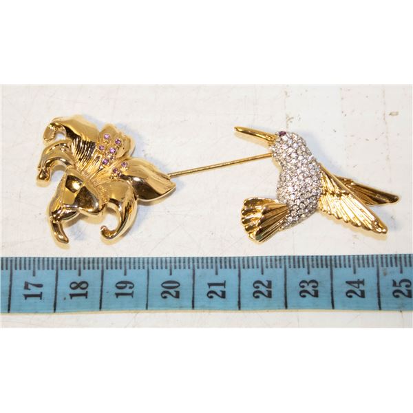 RHINESTONE HUMMINGBIRD BROOCH GOLD TONE