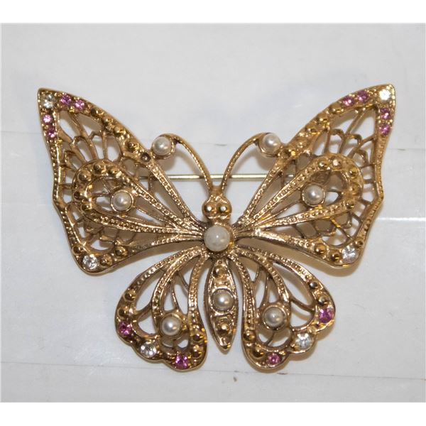 GOLD TONE BUTTERFLY FILIGREE BROOCH