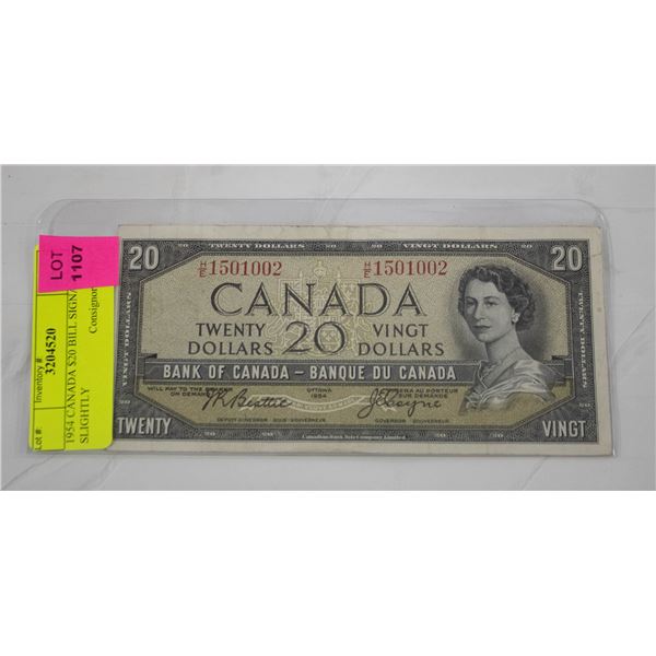 1954 CANADA $20 BILL SIGNATURES SLIGHTLY MISALIGN