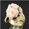Image 2 : Vintage 14k Gold LARGE Hand Carved Lion's Head Soft Pink Angel Skin Coral Ring