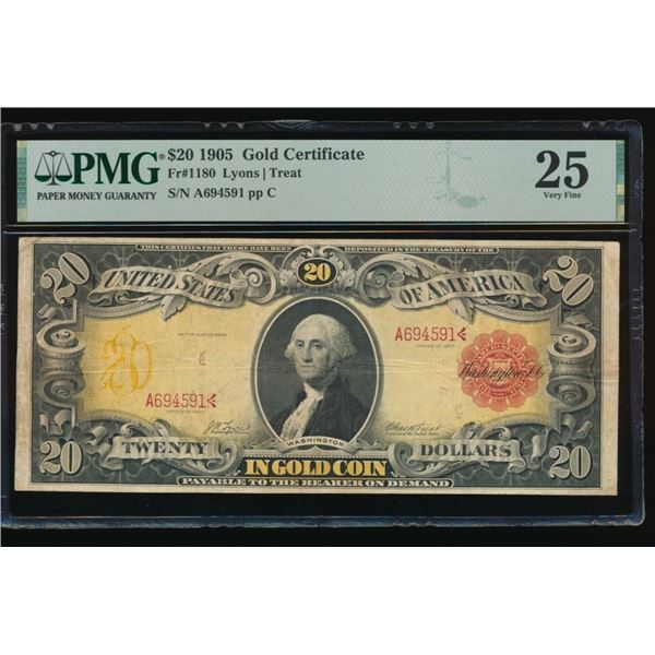 1905 $20 Technicolor Gold Certificate PMG 25