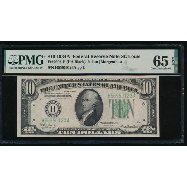 1934A $10 St Louis FRN PMG 65EPQ