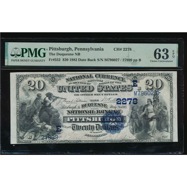 1882 $20 Pittsburgh PA National PMG 63EPQ