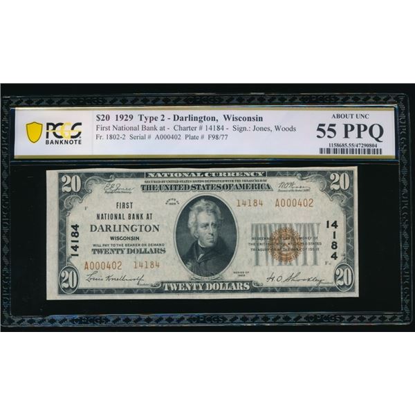 1929 $20 Darlington WI PCGS 55PPQ