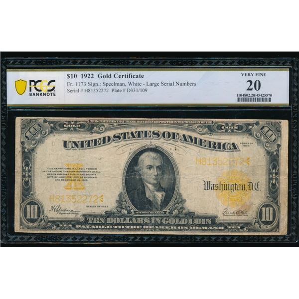 1922 $10 Gold Certificate PCGS 20