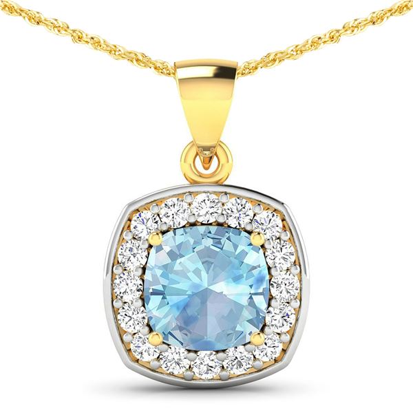 14KT Yellow Gold 1.70ct Aquamarine and Diamond Pendant with Chain