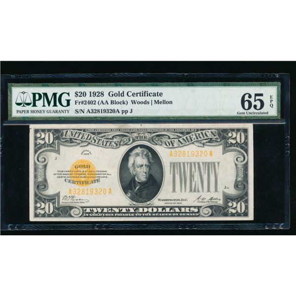 1928 $20 Gold Certificate PMG 65EPQ