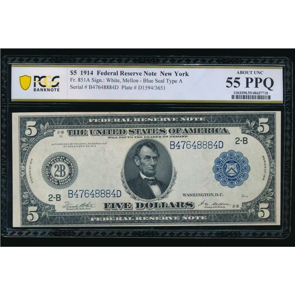 1914 $5 New York FRN PCGS 55PPQ