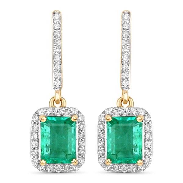 14KT Yellow Gold 2.08ctw Emerald and White Diamond Earrings
