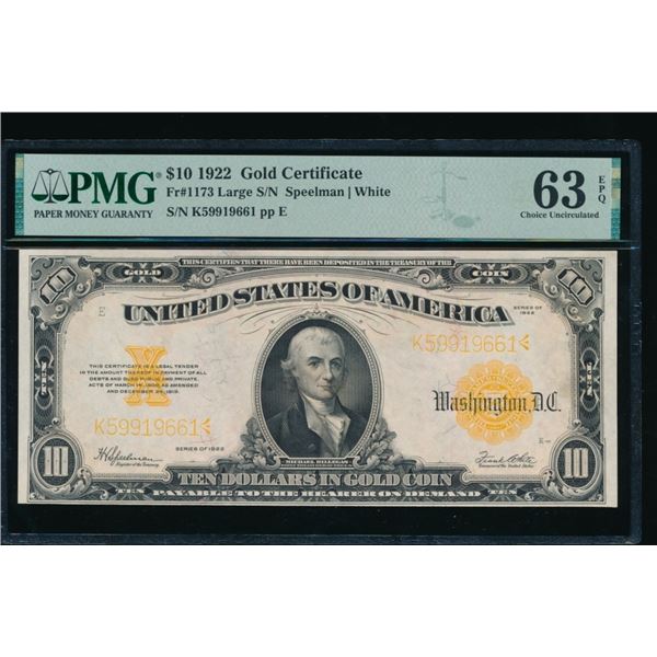 1922 $10 Gold Certificate PMG 63EPQ